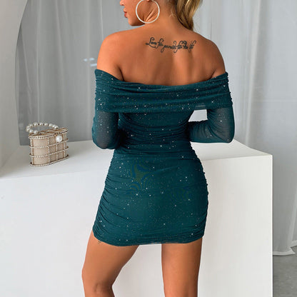 Off the Shoulder Ruched Bodycon Sparkle Dress