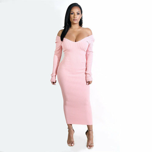 Knit Sweater Dress with Wide V Neck