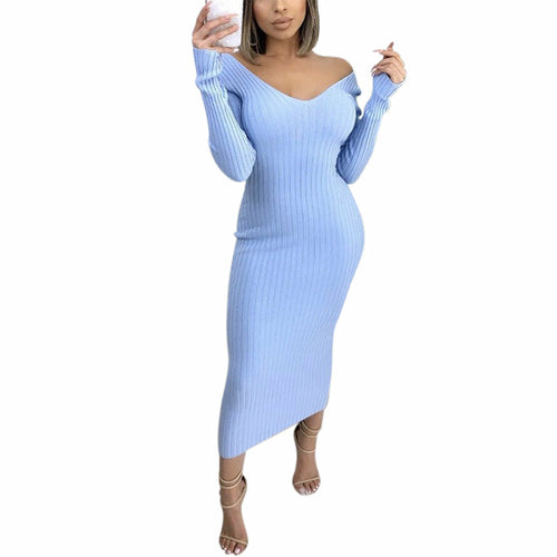 Knit Sweater Dress with Wide V Neck