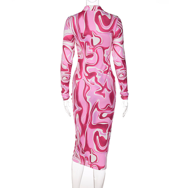 Long Sleeve Button Up Pink Marble Midi Dress