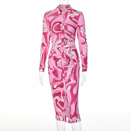 Long Sleeve Button Up Pink Marble Midi Dress