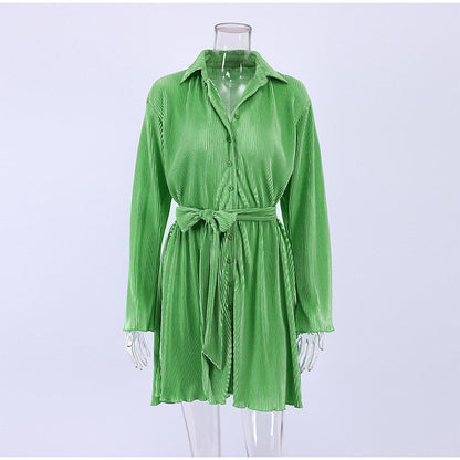 Vintage Style Pleated Shirt Dress with Belt