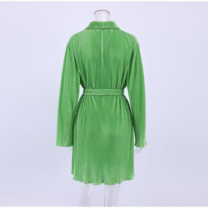 Vintage Style Pleated Shirt Dress with Belt