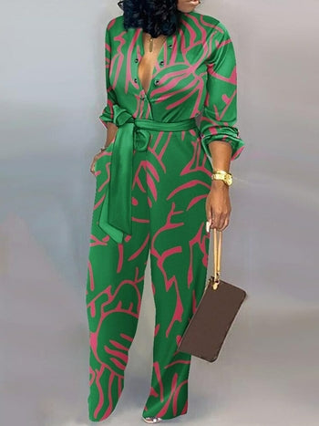 Silky Print Long Sleeve Belted Jumpsuit