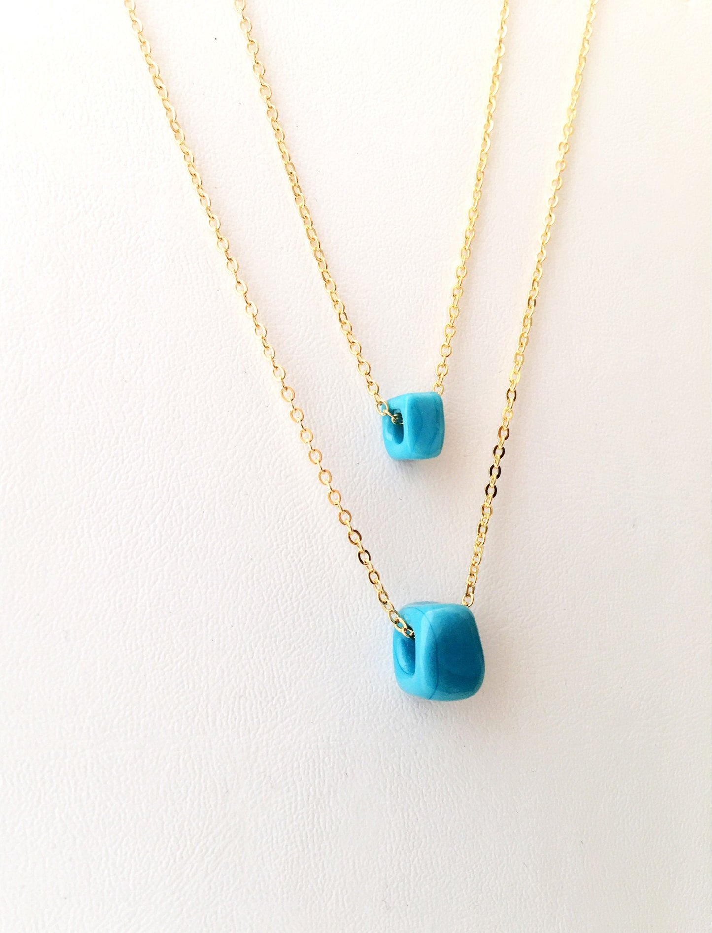 Glass Turquoise Cube Charm Necklace