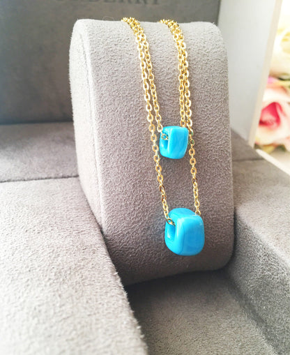 Glass Turquoise Cube Charm Necklace